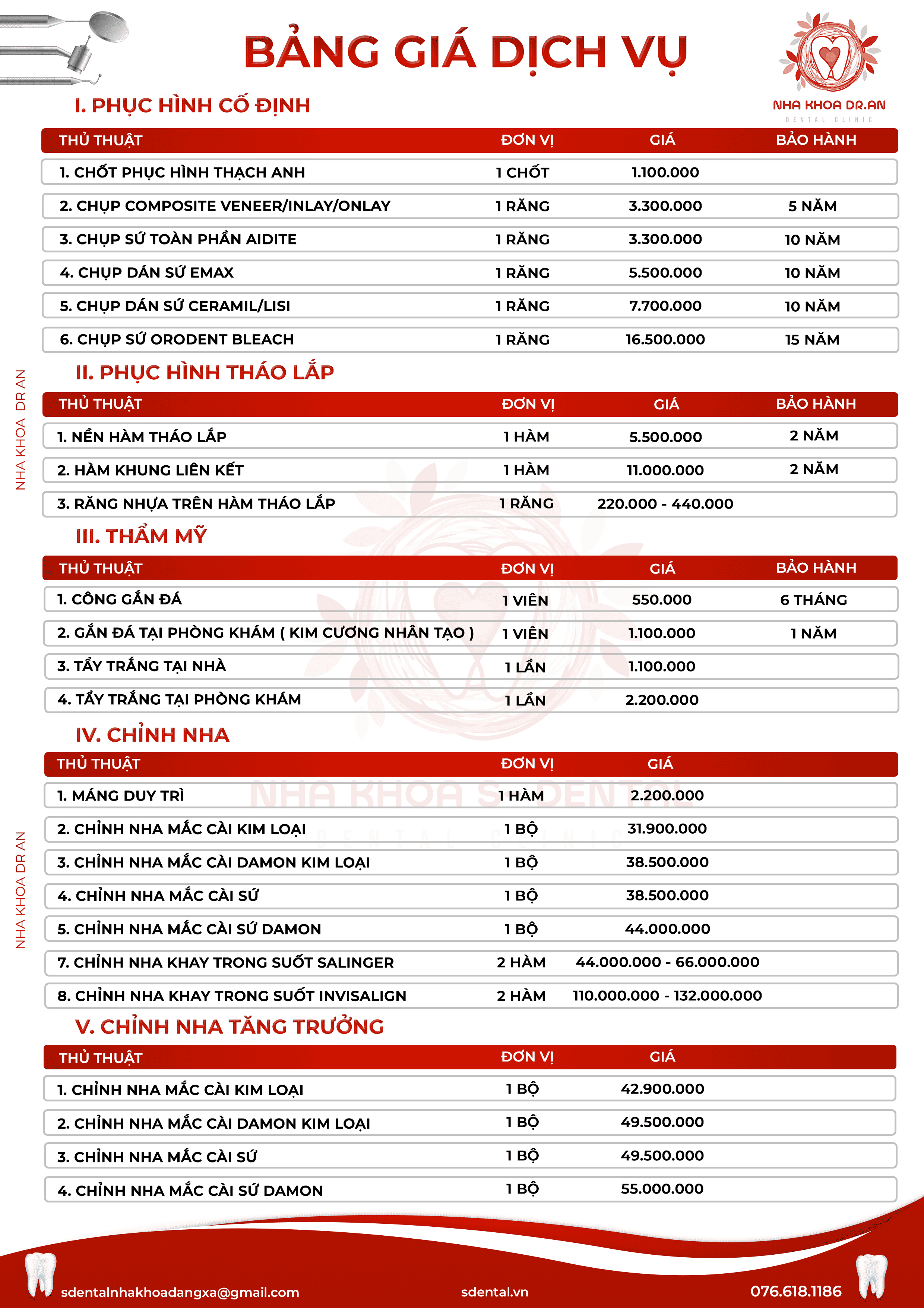 BẢNG GIÁ DỊCH VỤ - PHỤC HÌNH CỐ ĐỊNH 2026